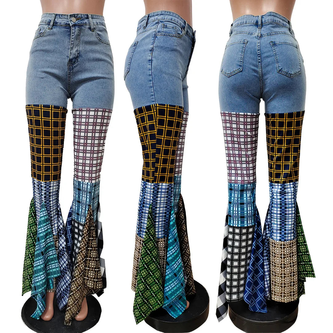 Jeans Spliced Houndstooth Denim Ruffle Edge Flared High Waist Jeans Trousers Streetwear