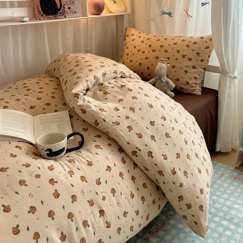 Bedding Set Double Layered Yarn INS Girls Mushroom Soft Washed Cotton Bed Sheet Queen King Size Duvet Set Pillowcase Bed Sheet