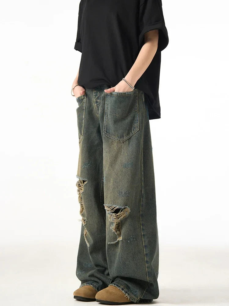 American Retro Ripped Wide-leg Jeans