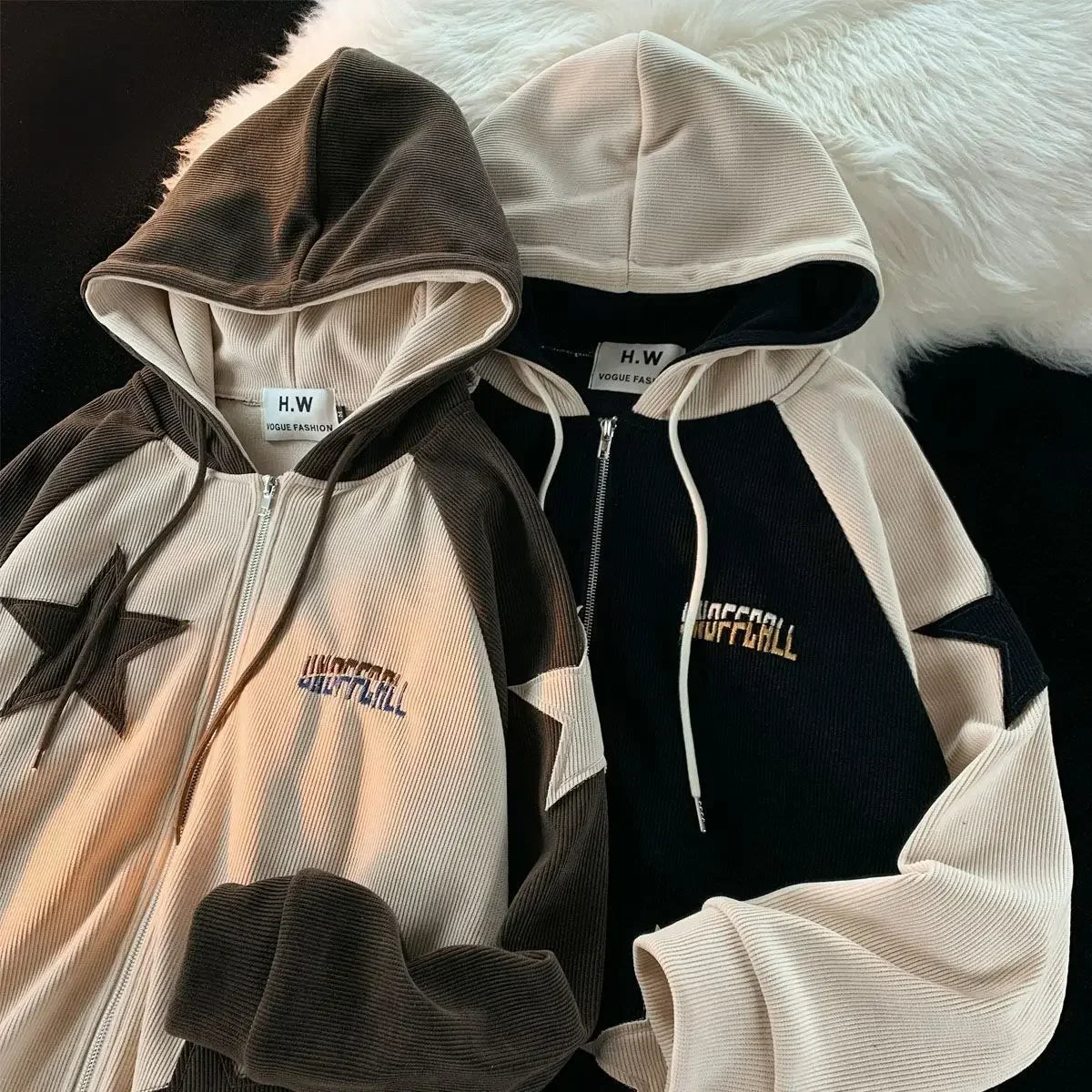 American Retro Star Patch Designs Zipper Hoodie Street Joker Sweatshirt Unisex Stitching Loose Casual Top