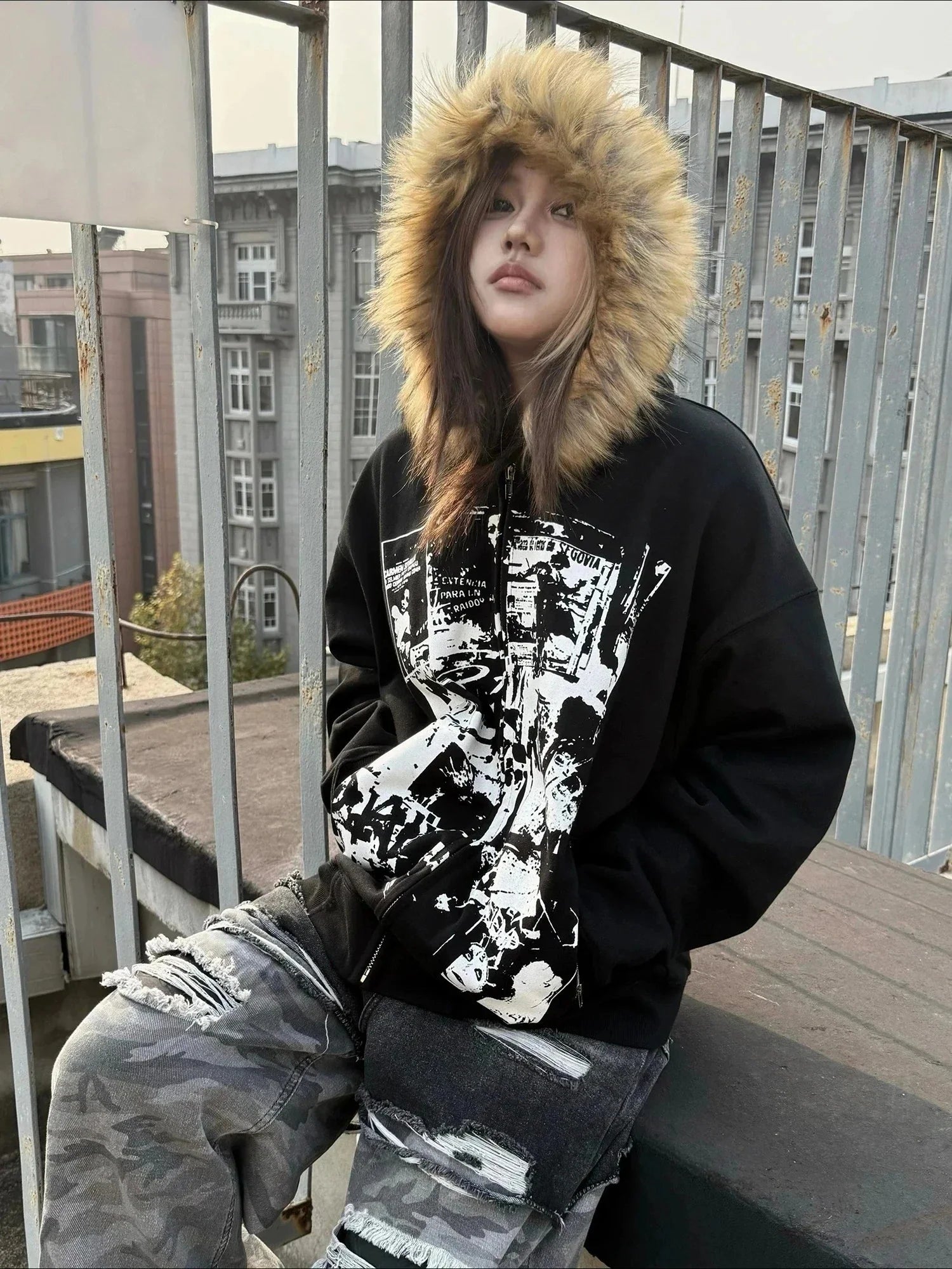 Korean Sweatshirts Harajuku Gothic Printed Coats Jackets Subculture Vintage Faux Fur Hooded Casual Y2k Clothing