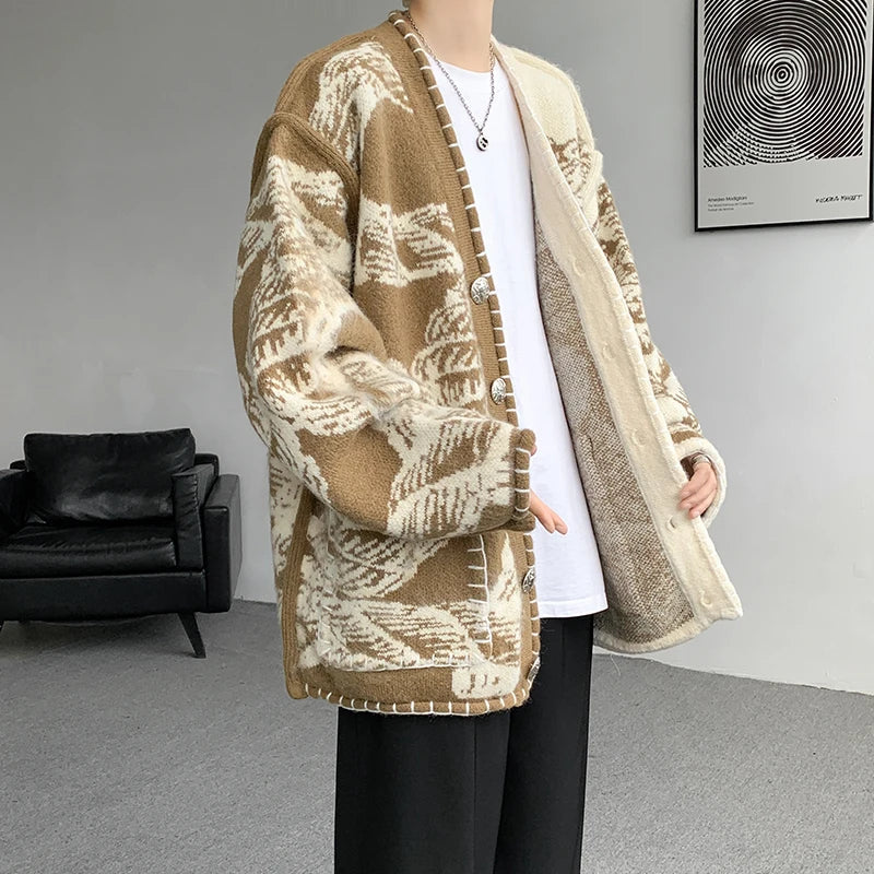 Printed Sweater Coat Top quality V Neck Knitted Cardigan Lazy Chic Elegant Sweater High Street Hip Hop Oversized