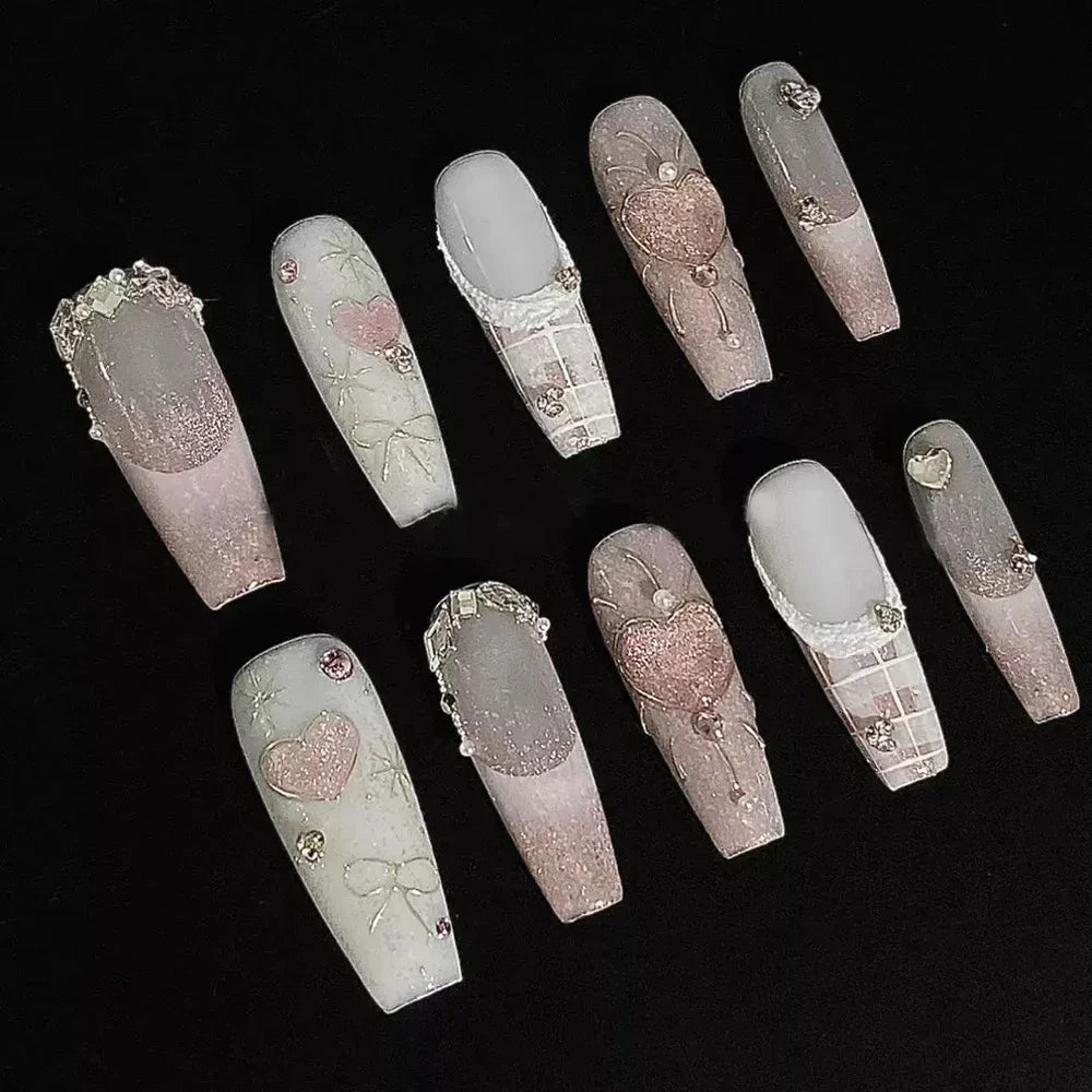 10Pcs Gentle Handwork Press On Nails French Style Flowers Butterfly Rhinestone Pearl Design Detachable False Nails Gift
