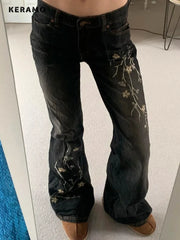 Weekeep Floral Embroidery Jeans Vintage 2000s Low Rise Flared Jeans Retro y2k Baggy Denim Pants High Street Basic Trousers