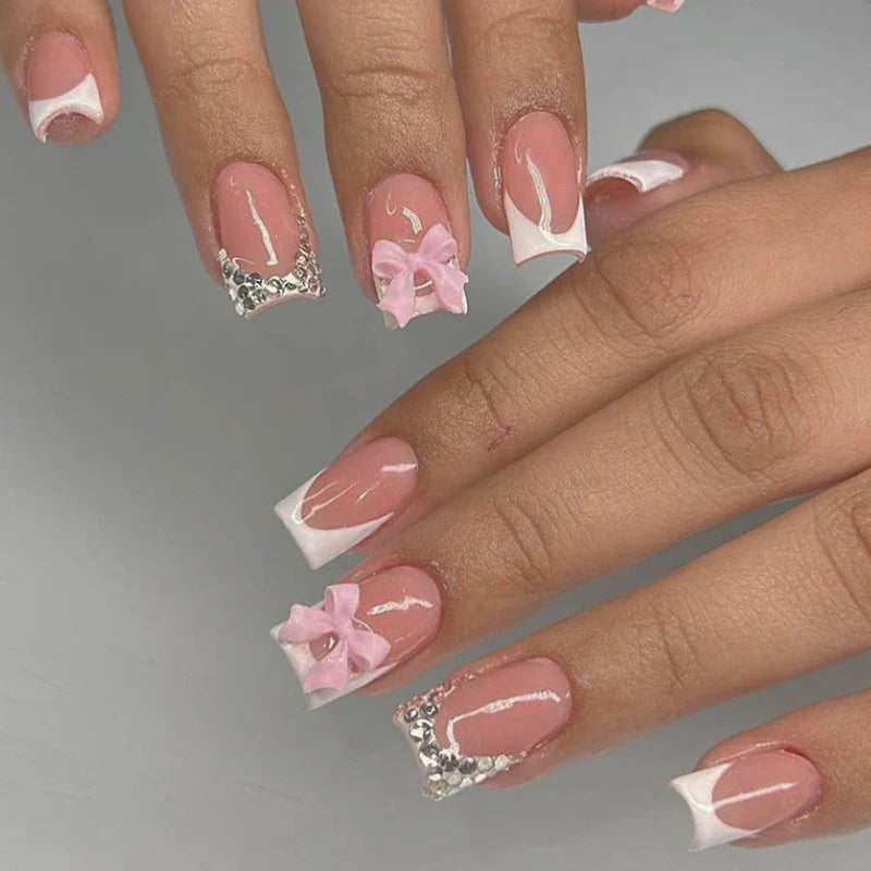 24Pcs Brown Plaid Press on Nails French Bow False Nail Medium Almond Atmosphere Wearable Nail