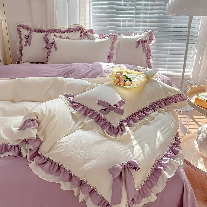 Green Princess Bedding Set Double Layer Lace Bow Quilt Cover Sheet