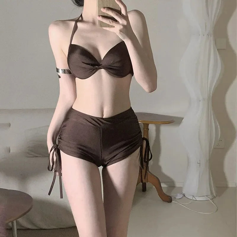 Bikini Swimsuit Three-Piece Set Steel Support Vacation Holiday Pure Desire Style Slimming Effect