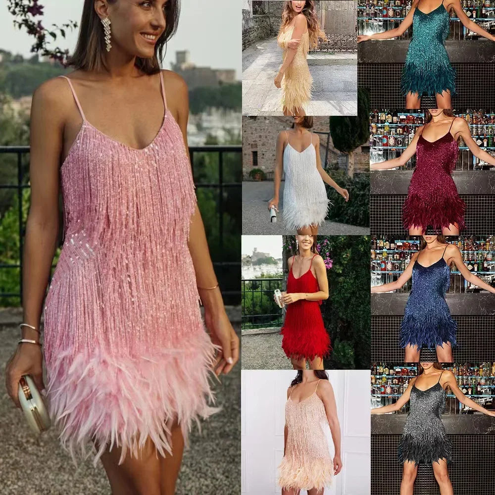 Fashionable Framed Sequins Feather Patchwork Dress Colorful Amazon Direct Sales Sleeveless Dress