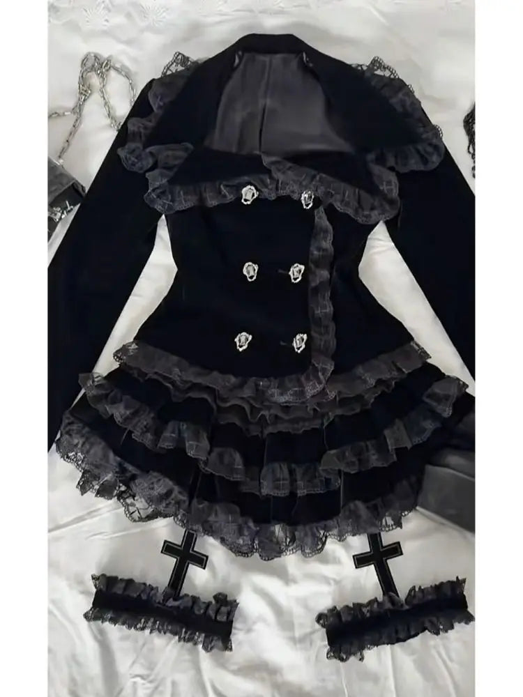 Gothic Palace Style Lace Black 2-piece Set High Street Darkly Slim Patchwork Cross Cake Skirt Suit Y2k Girl Outfits