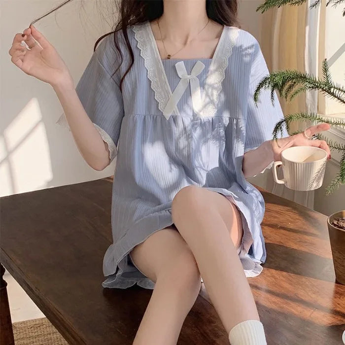 Palace Style Pajamas Ladies Loungewear Set Short-Sleeved with Cushion Korean Small Sweet Girlfriends Loungewear Set