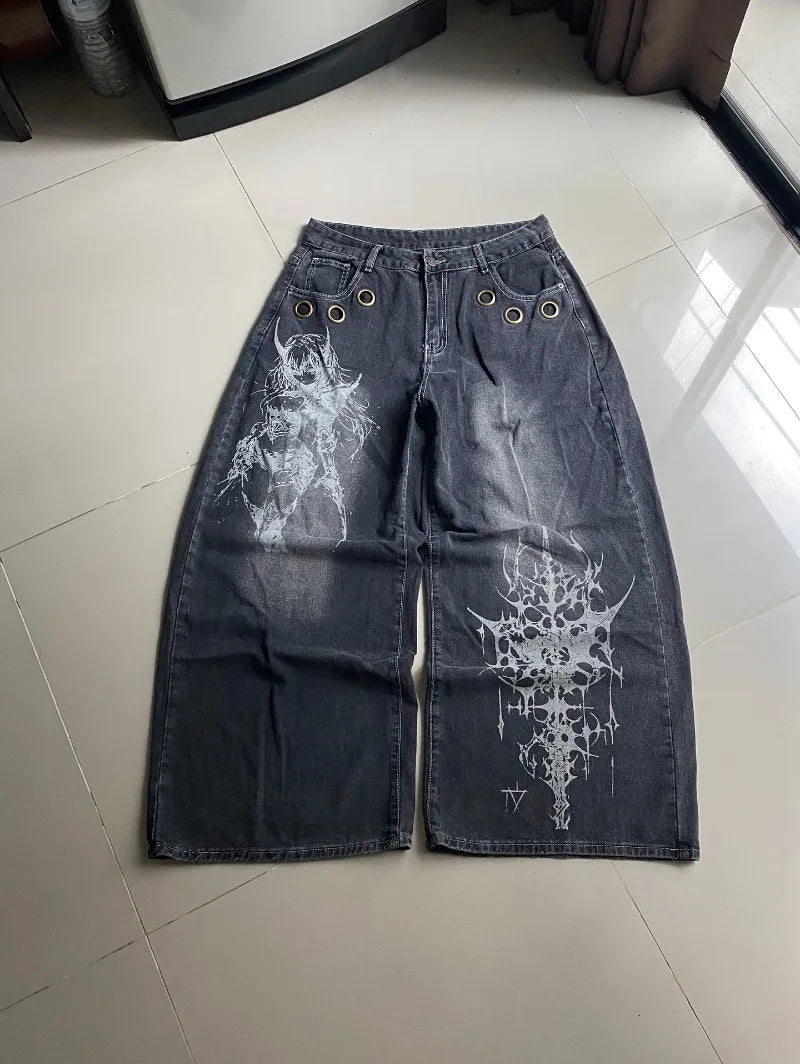 American Oversized Pattern Printed Washed Jeans Y2K Gothic Rock Casual Joker High Waist Wide Leg Pants