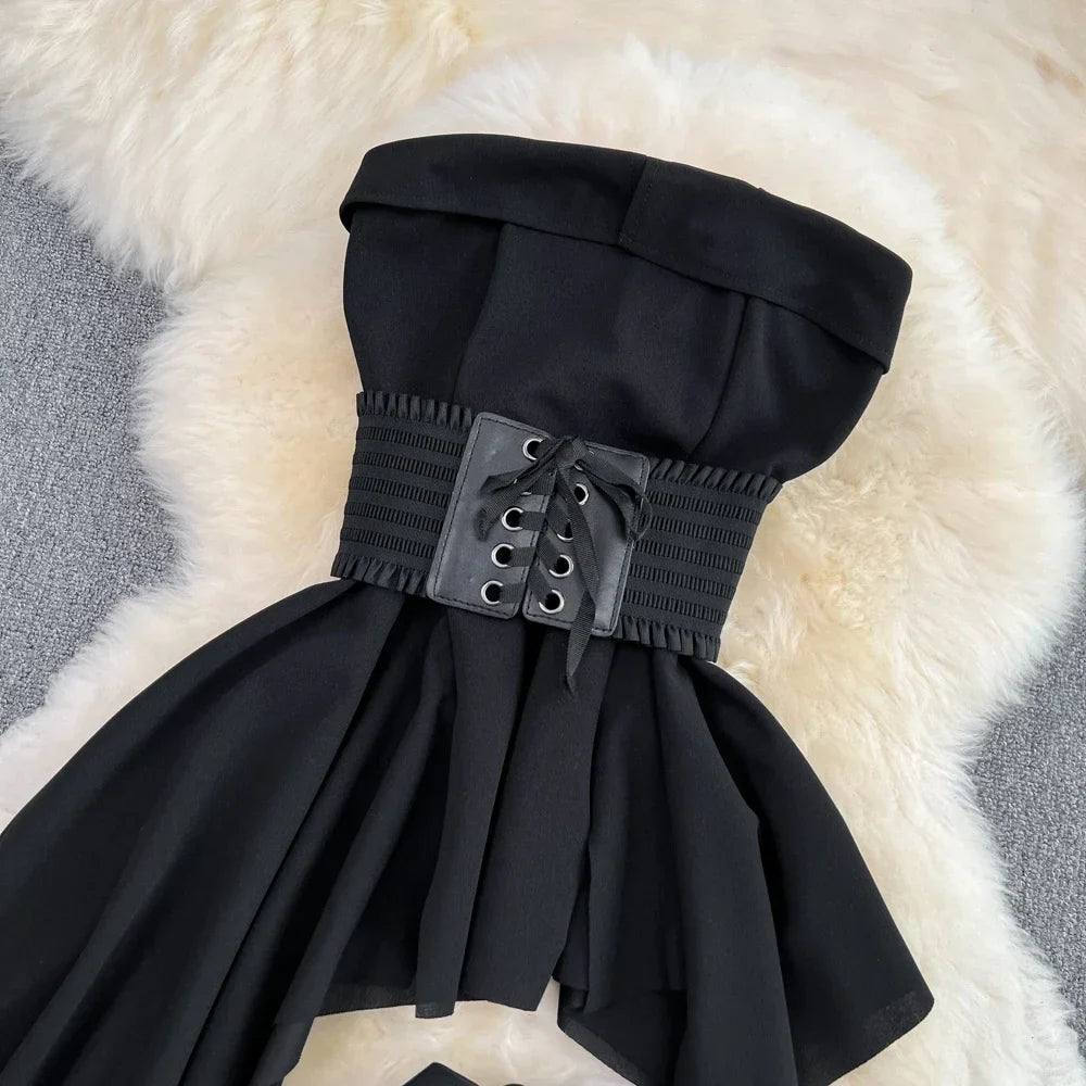 2pcs Sets Outfits Strapless Irregular Skinny A-line Dresses+elastic High Waist Solid Wide-leg Shorts Femme Suits