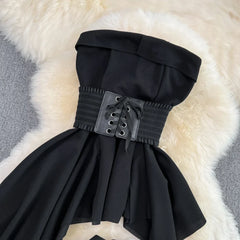 2pcs Sets Outfits Strapless Irregular Skinny A-line Dresses+elastic High Waist Solid Wide-leg Shorts Femme Suits