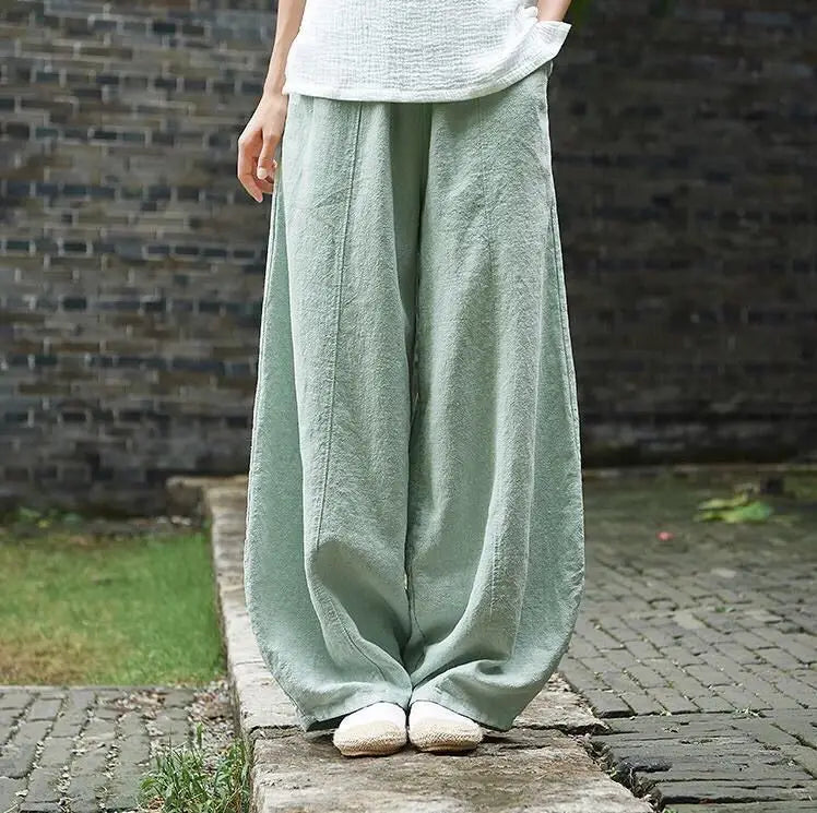 Cotton Linen Bloomers Wide Leg Pants Vintage Full Length Elegent Pants Solid Elasitic Waist 5XL