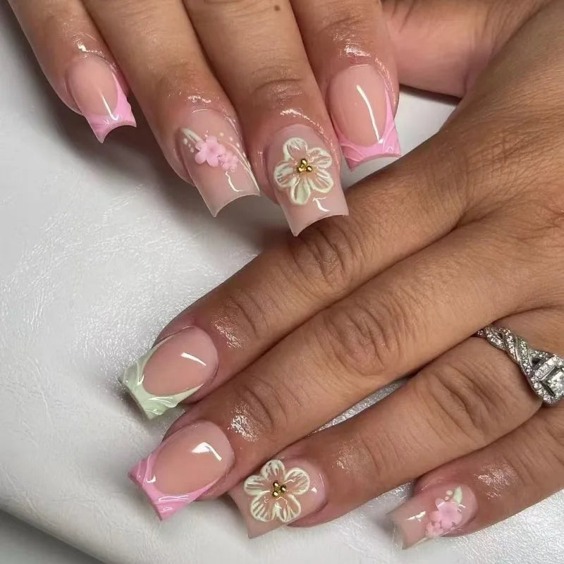 24Pcs Short Square French Nail Tips 3D Embossed Flower Decoration Removable Wearable Press on Nails