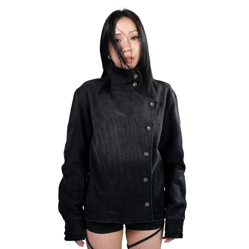 Y2k Fencing Jacket Vintage Wash Gradient Irregular Buttons Unisex Jacket Gothic Harajuku Streetwear Canvas Cotton