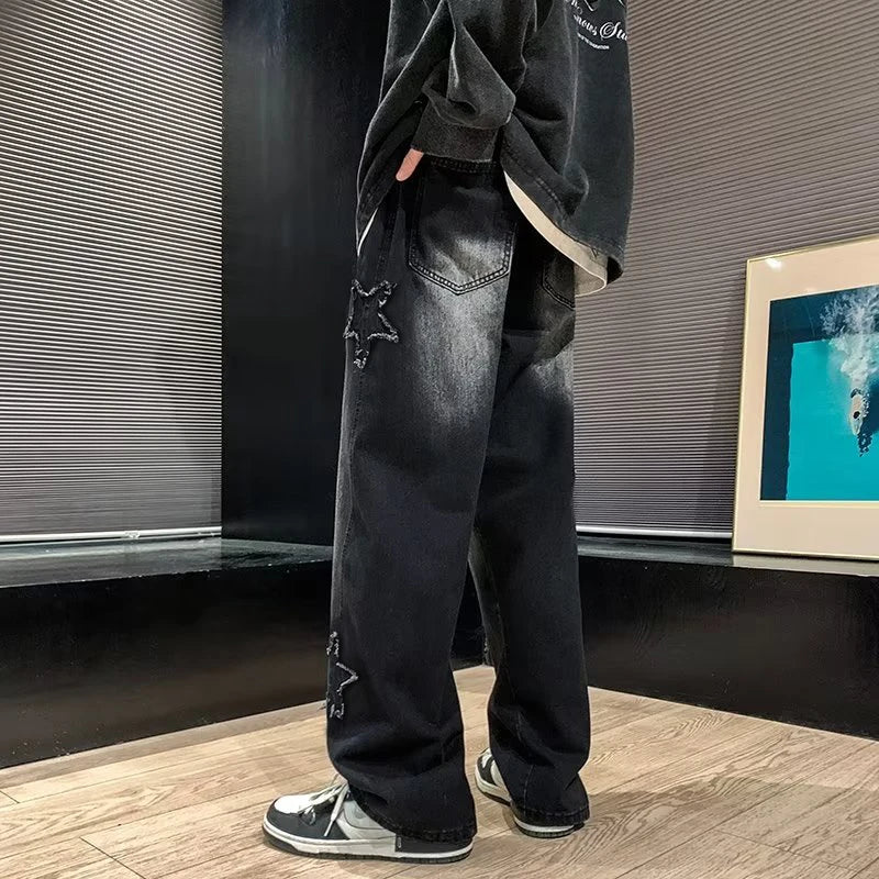 Star Embroidery Straight Casual Jeans Gothic Neutral Wide Leg Loose Hip-hop Youth Streetwear Denim Trousers Y2K