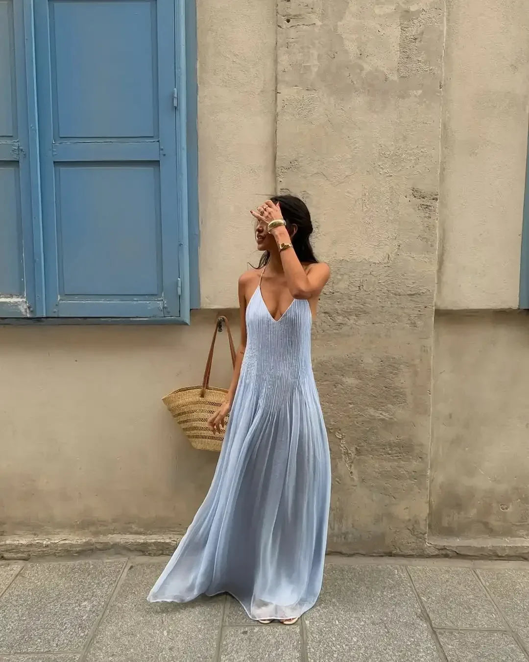 Casual Blue Pleated Sling Long Dress Elegant Sleeveless Backless Off Shoulder Slim Fit Dresses Beach Party Robe