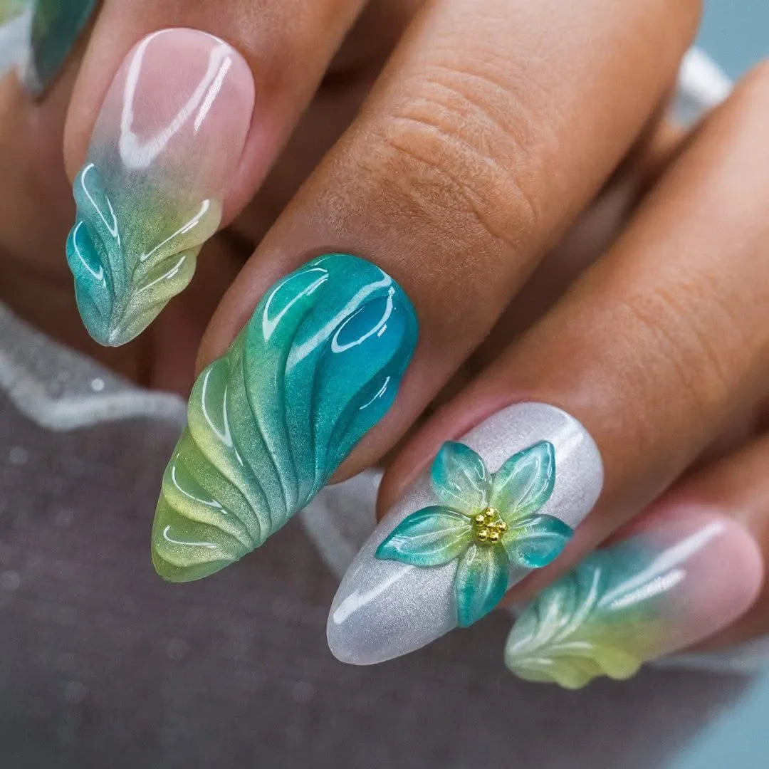 24PCS Sweet Pink Blush French Almond Press on Nails 3D Flower Ripples Fake Nails