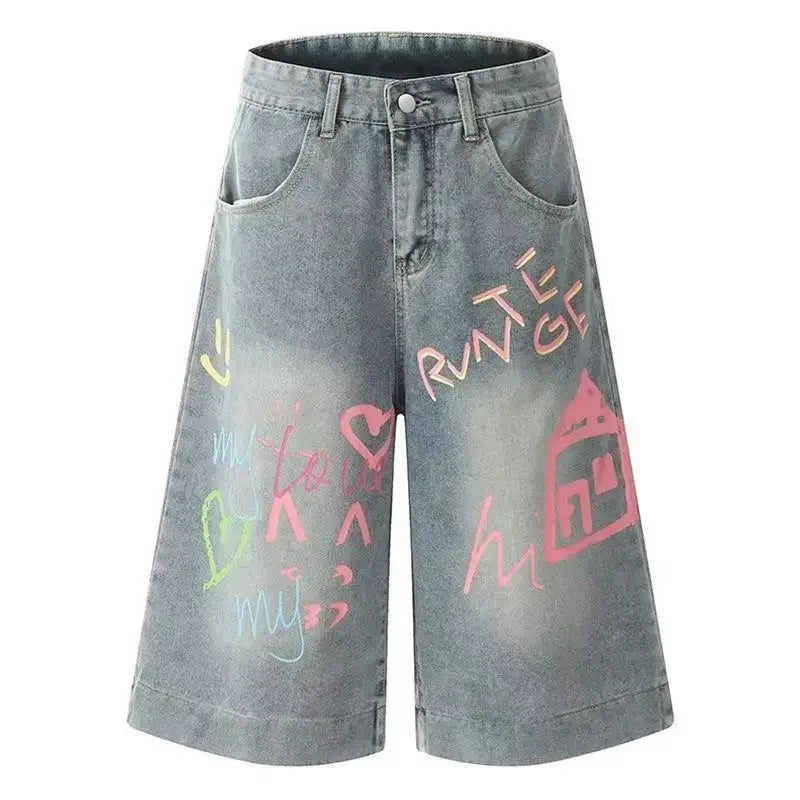 Y2k Style Baggy Denim Shorts Wide Leg Short Pants High Waisted Dark Wash Knee Length Loose Unisex Jeans Casual