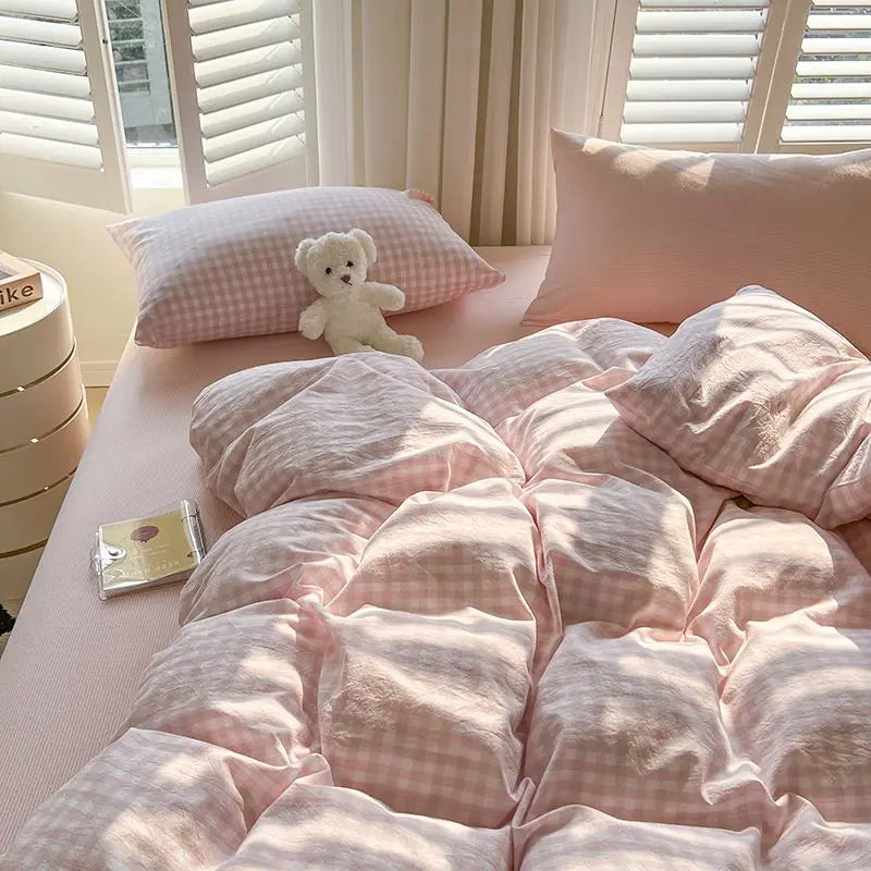 Ins Pink Plaid Bedding Set No Filler Twin Queen Size Comforter Cover Flat Sheet Pillowcase Girls Boys Solid Blanket Duvet Duvet