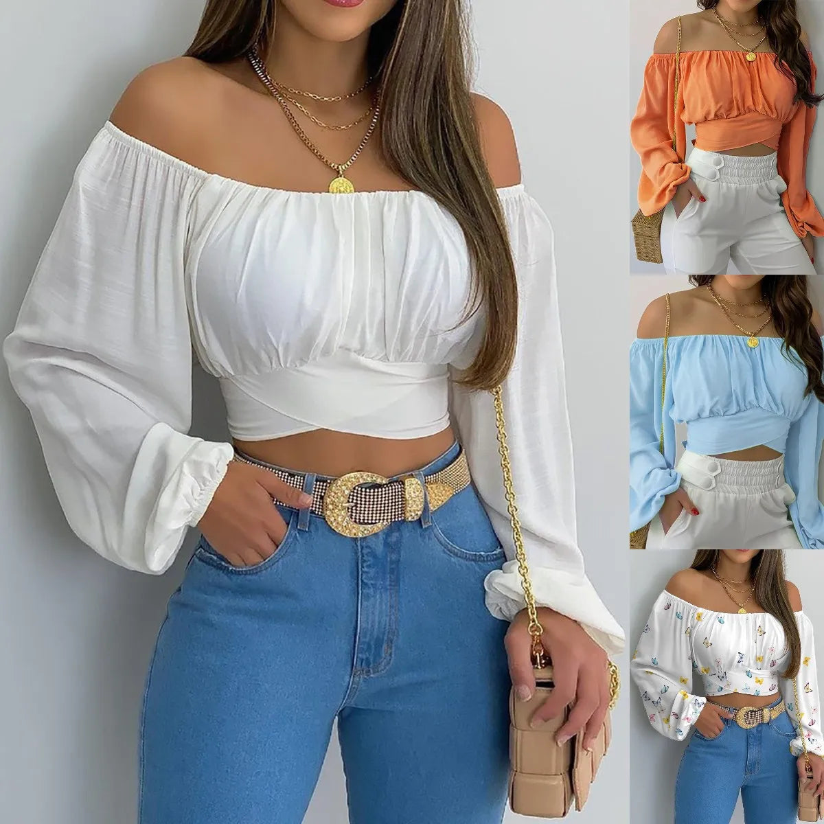 Off Shoulder Shirts Puff Long Sleeve Y2K Crop Tops Clothes Black White Blouse Bandage Elegant Shirt