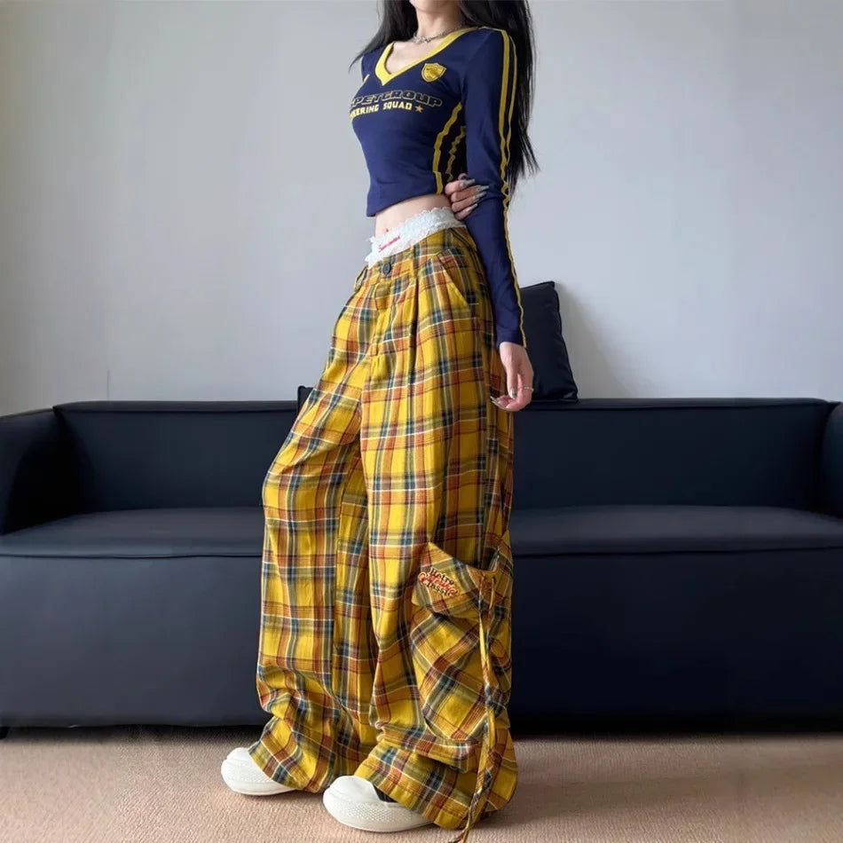 American Style Streetwear Large Pocket Red Plaid Work Casual Pants Loose-Fit Wide-Leg Drag Pants