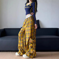 American Style Streetwear Large Pocket Red Plaid Work Casual Pants Loose-Fit Wide-Leg Drag Pants