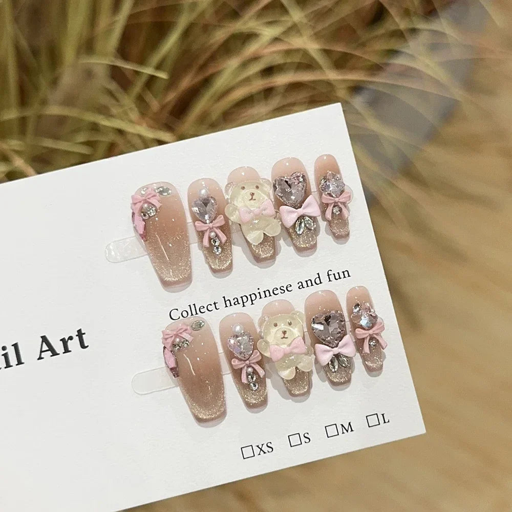 Sweet Lovely Cartoon Bear Long Coffin Stiletto Fake Nails Bowknot Pearl Diamond Flowers Cat Eyes Wearable Fake Nails