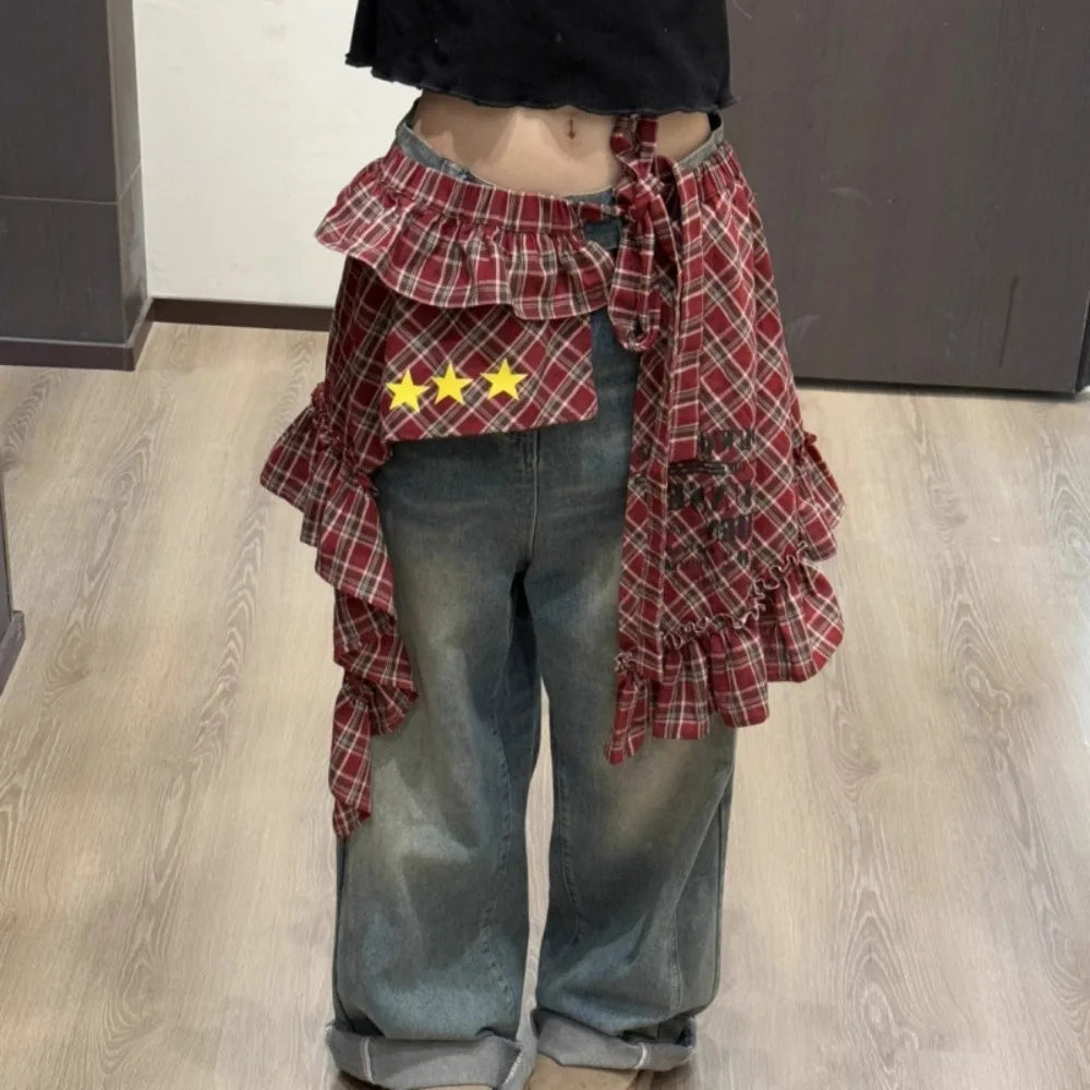 Adjustable Star Layer Outfits Plaid Skirt Hip-hop Sweet Lace Up Hip Scarf Korean Style Y2K Ruffled Edge Waistband Jeans Decor