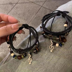 Handmade Hippie Design Brown Leather Bracelet Metal Star Note Charms Wood Button Beads Wrap Unisex Adjustable Bracelet