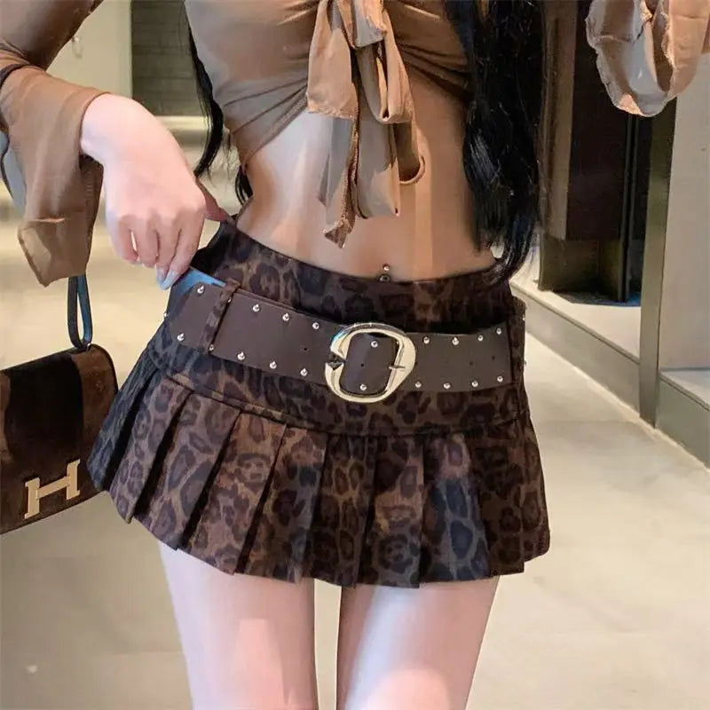 Leopard Print High-waist Short Skirt Y2k Girl Slim Pleated Skirts High Street Retro A-line Skirt