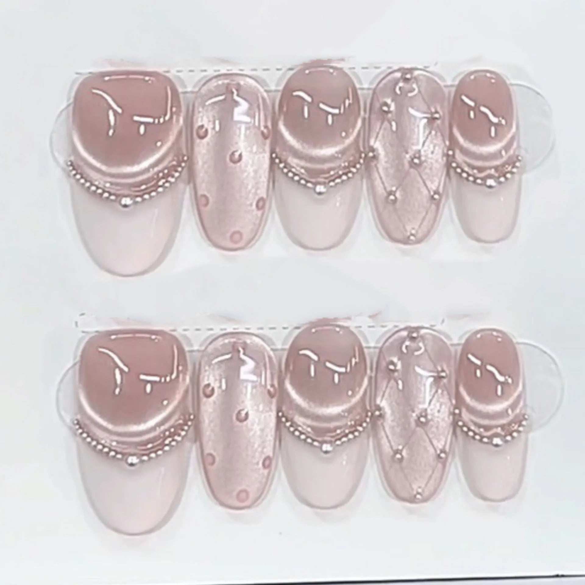 10pcs Purple Cat's Eye Handmade Fake Nails Tips Glitter Mid-length Oval Press on Nails Art Bow Rhinestone Design False Nail Sets