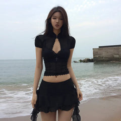 Y2k American Girls Two-Piece Suit Hollow Lace Mesh Shirt Irregular Mini Shirt Retro Causal Skirt Suits