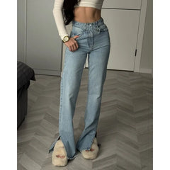 Dislocation Design High Waist Split Jeans Straight Trousers