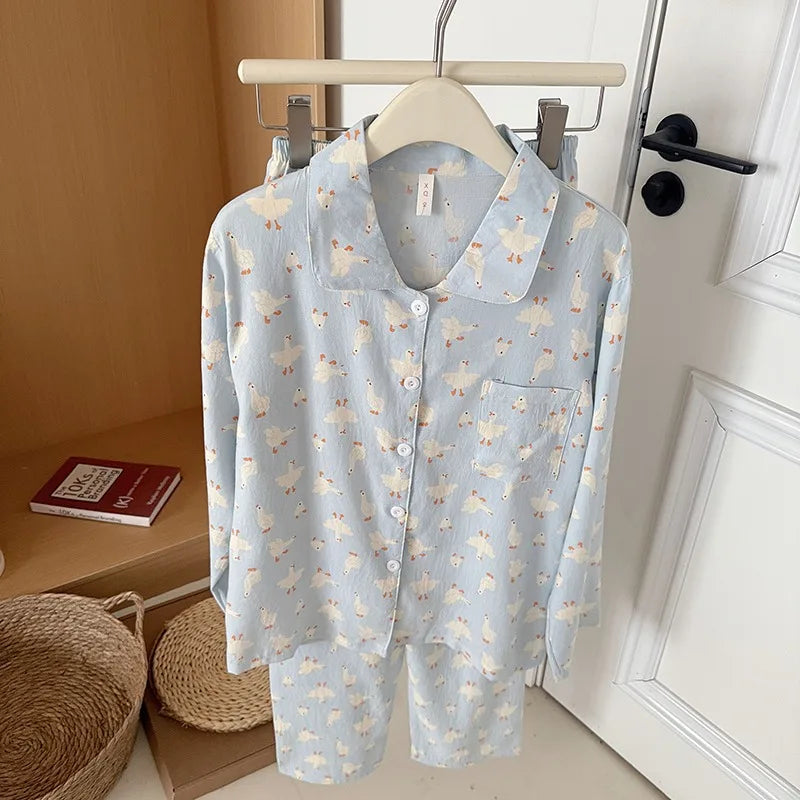Sweet Cute Goose Print Korean Pajamas Nightwear Kawaii Casual Lapel Neck Y2K Pajamas Set Loungewear