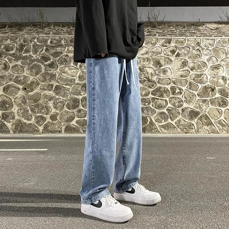 Casual Straight-Leg Jeans Loose-Fit Elastic Waist American Style Wide-Leg Trousers Arrival High Street Fash