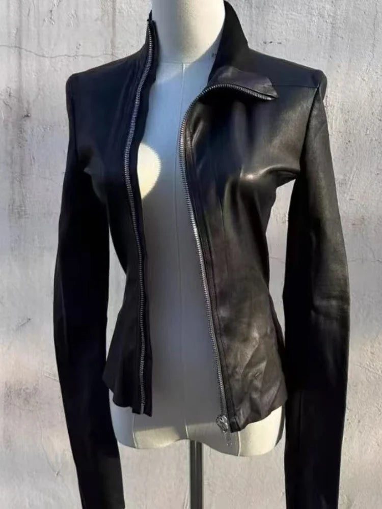 Black Slim Long Sleeve Girl Leather Jacket Darkly Gothic Zipper Thin Skinny Coat Hepburn Y2k Vintage Clothes