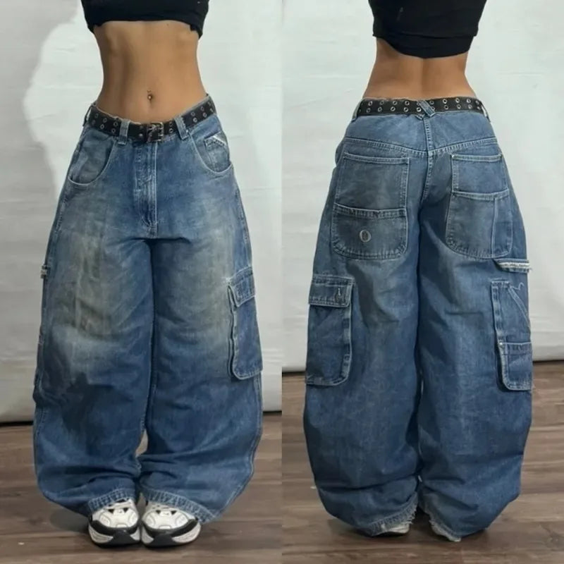 American Geometric Pattern Embroidered Baggy Jeans Y2K Harajuku Vintage Hip-hop Casual Wide-leg Pants
