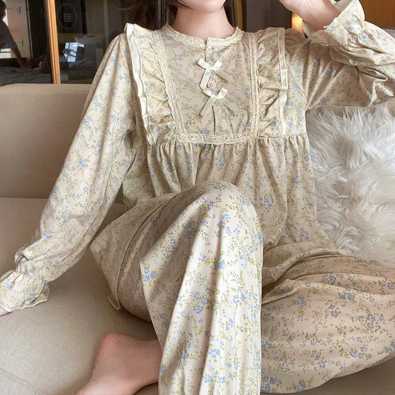 Ladies Pajamas Garden Style Student Casual Long Sleeve Pants Two-Piece Bow Set Nightwear Four Season Academic Atmosphere
