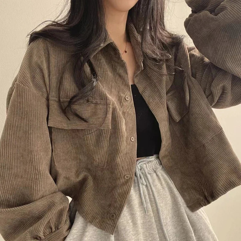 Retro Versatile Single Breasted Turndown Collar Long Sleeved Jacket
