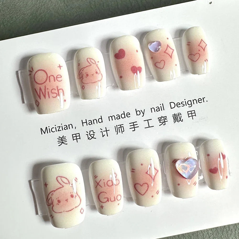 10Pcs Wearable Cat Eyes Series Short Square Press On Nails Kawaii Cartoon Cat Rabbit Rhinestone Gradients Full Cover False Nails