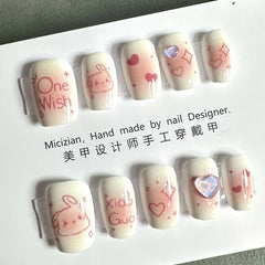 10Pcs Wearable Cat Eyes Series Short Square Press On Nails Kawaii Cartoon Cat Rabbit Rhinestone Gradients Full Cover False Nails