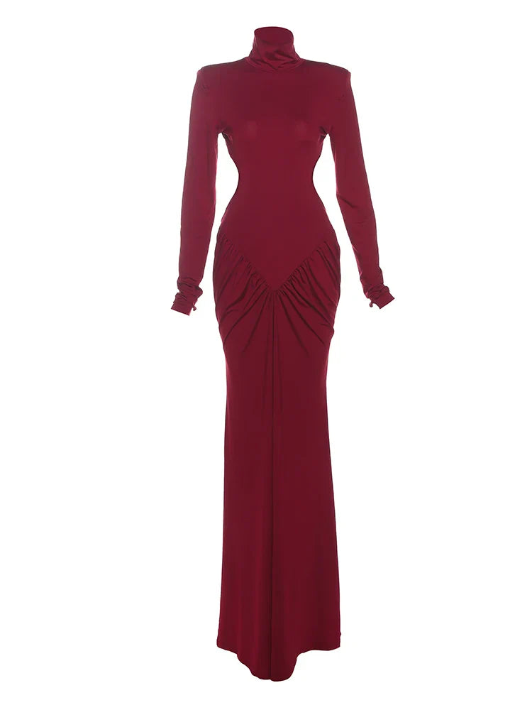 Weird Puss Backless Maxi Dress Shoulder Pads Long Sleeve Waistless Peach Buttocks Ruched Elegant Banquet Skinny Vestidos
