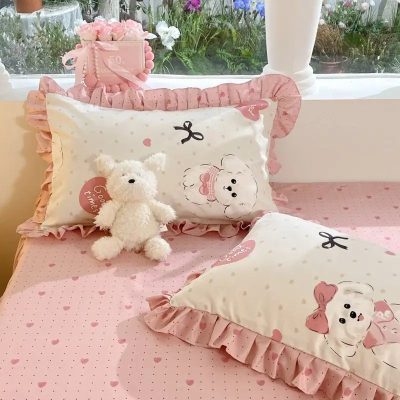 Cartoon Washed Cotton Bed Sheet Four-piece Set Non-cotton Thickened Brushed Quilt Cover Bed Skirt Style Princess Style Bedroom