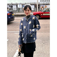 Vintage Star Knitted Cardigan Harajuku Print Sweater Outerwears Korean Long Sleeve Knitwears Ladies Casual Jumpers