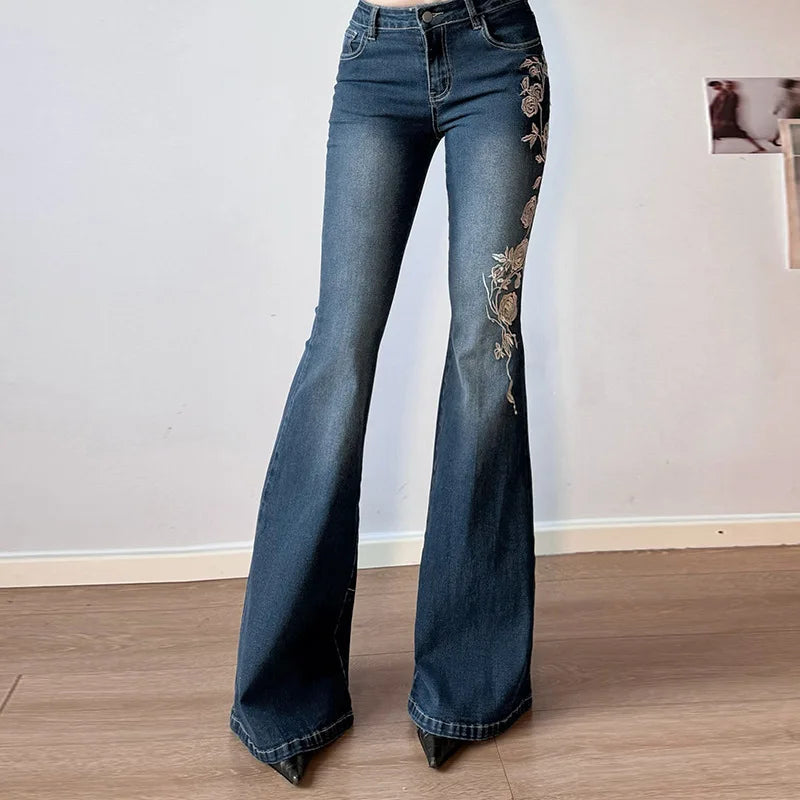 Flare Pants Jeans Embroidery Boot Cut Low Waist Washed Distressed Pockets Floor Length Streetwear Denim Trousers