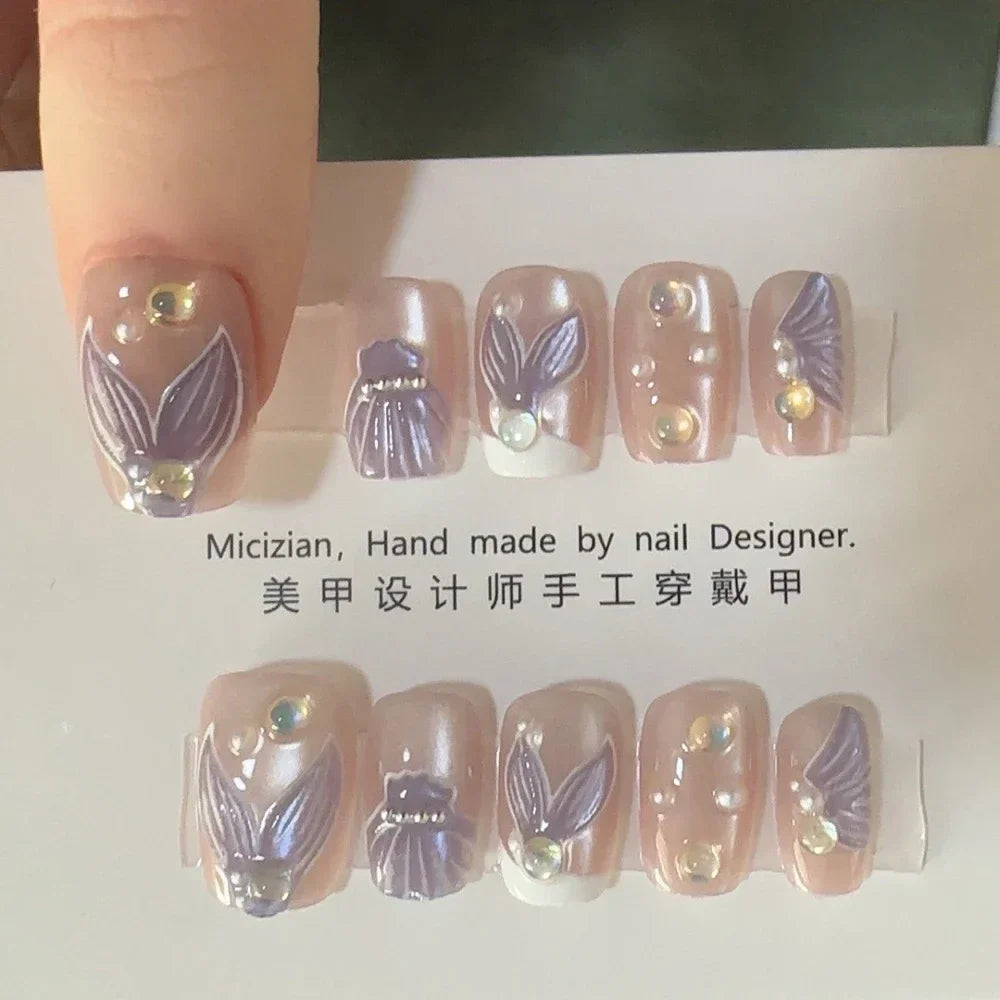 10Pcs Wearable Cat Eyes Series Short Square Press On Nails Kawaii Cartoon Cat Rabbit Rhinestone Gradients Full Cover False Nails