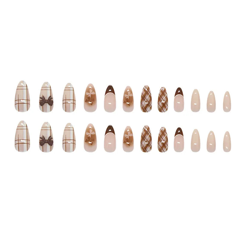 24Pcs Brown Plaid Press on Nails French Bow False Nail Medium Almond Atmosphere Wearable Nail
