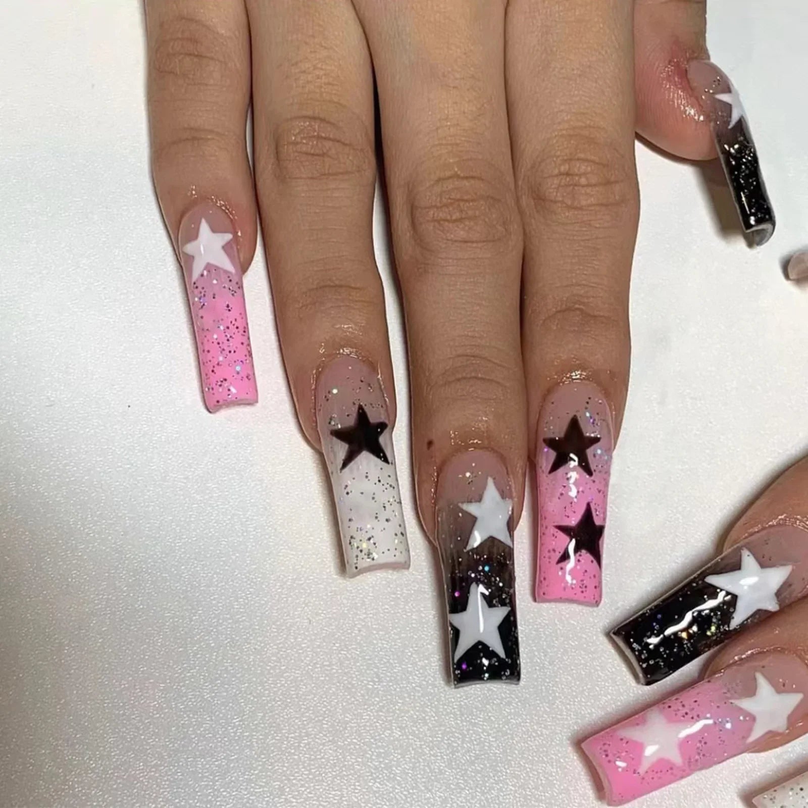 24pcs Y2k Sea Blue Gradient Fake Nails With Water Ripples Designs Long Square Coffin False Nails Set Press On Nail Tips